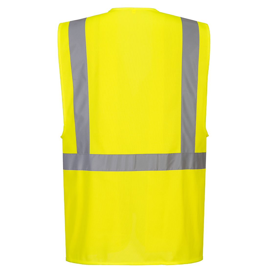 Keltainen Hi-Vis esimiesliivi takaa heijastinteipeillä ja työmaataskuilla