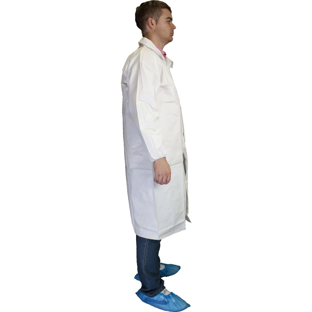 Antistaattinen Tyvek-suojatakki laboratorioon sivulta kuvattuna