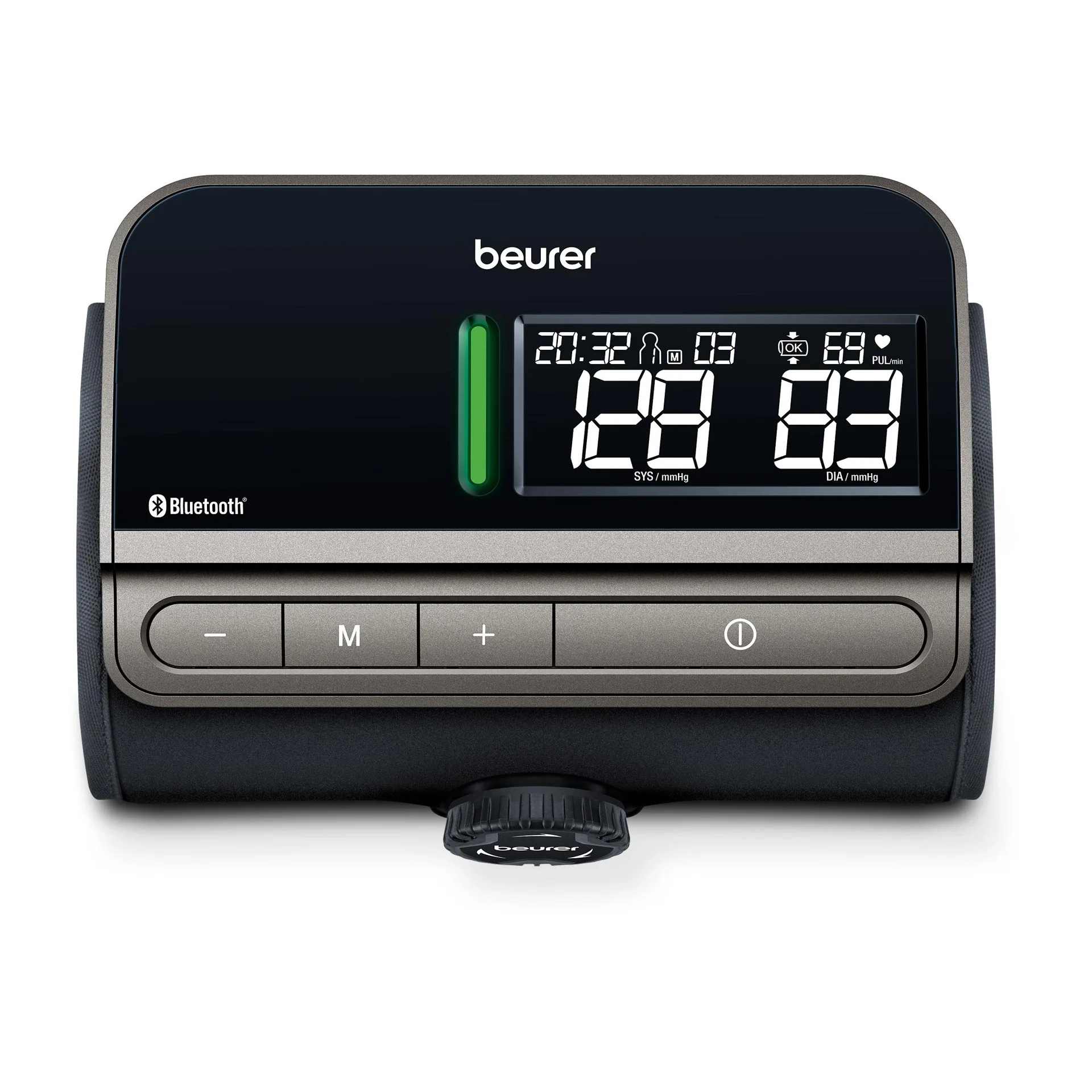 Beurer BM81 easyLock olkavarsiverenpainemittari edestä kuvattuna LED-riski-indikaattorilla ja Bluetooth-yhteydellä