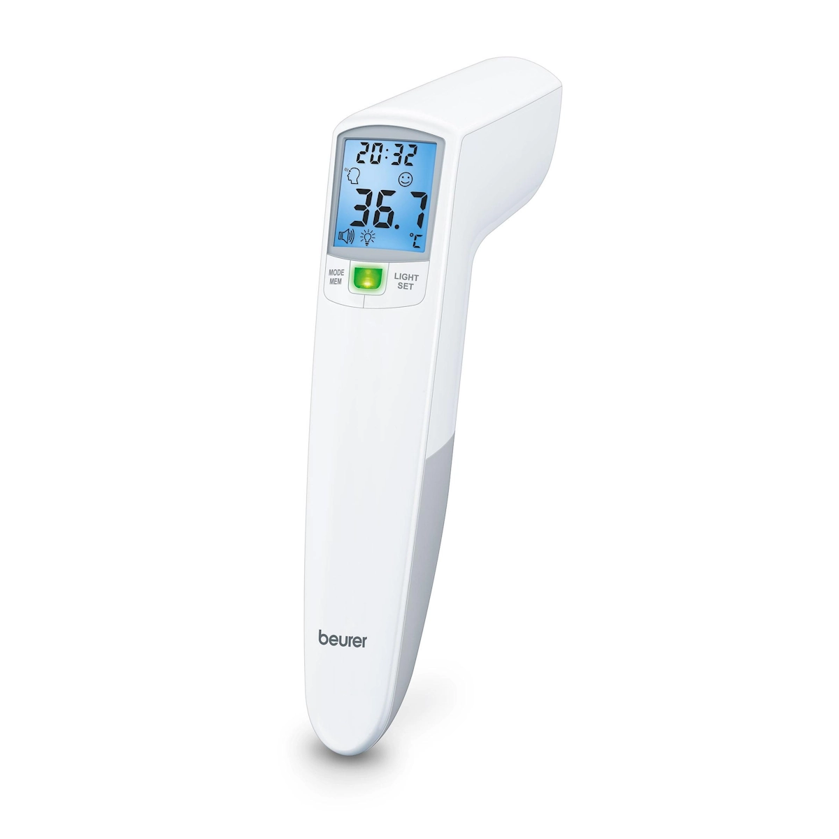 Beurer FT100 kosketukseton infrapunakuumemittari selkeällä sinisellä näytöllä ja lämpötilalukemalla 36,7 °C.