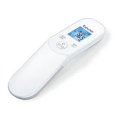 Beurer FT85 valkoinen kosketukseton infrapunakuumemittari sinisellä digitaalisella näytöllä ja 36,5 °C mittaustuloksella.