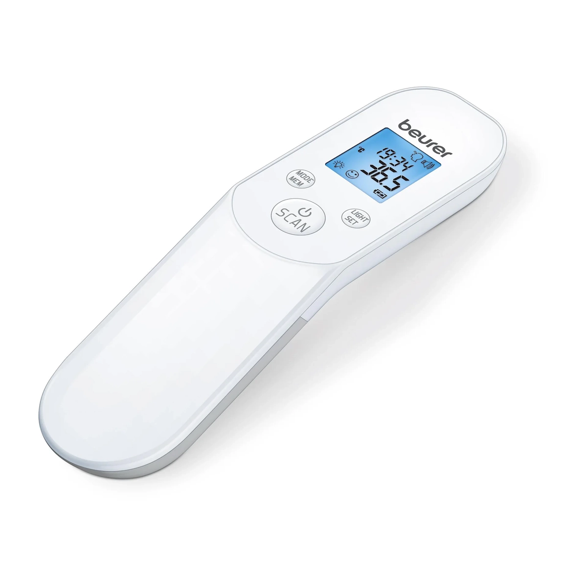 Beurer FT85 valkoinen kosketukseton infrapunakuumemittari sinisellä digitaalisella näytöllä ja 36,5 °C mittaustuloksella.