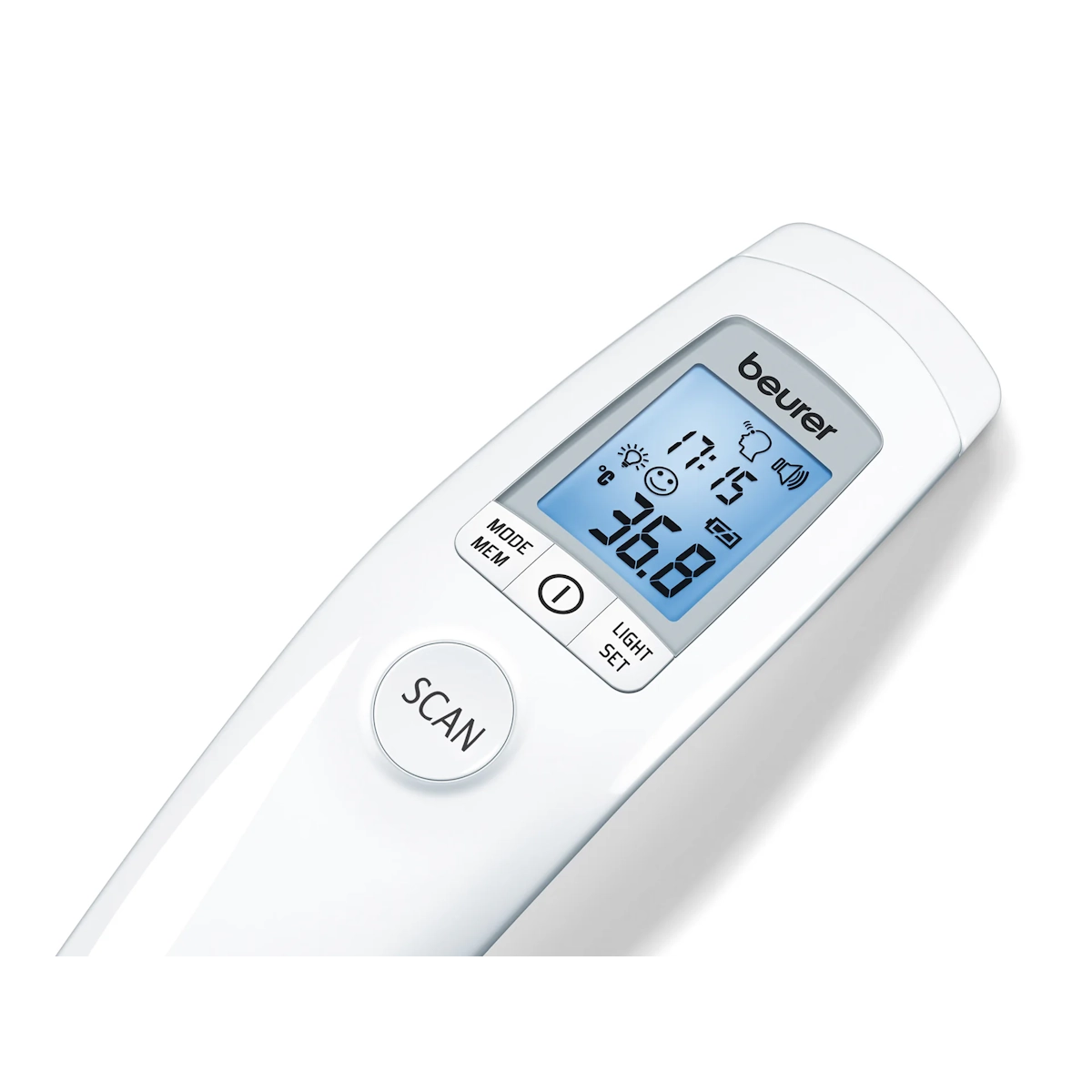 Beurer FT90 non-contact kuumemittarin näyttö 36,8 °C mittaustuloksella ja lämpötilasymboleilla