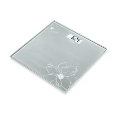 Beurer GS10 harmaa lasivaaka kukkakuviolla ja selkeällä LCD-näytöllä