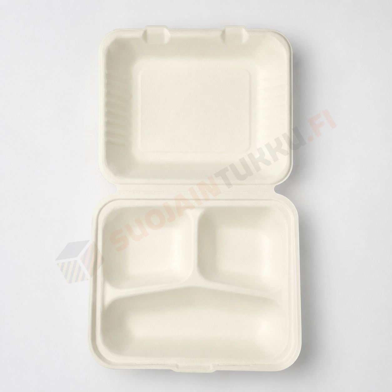 ABENA GASTRO 3-osainen bagassi take away -rasia avattuna ylhäältä kuvattuna