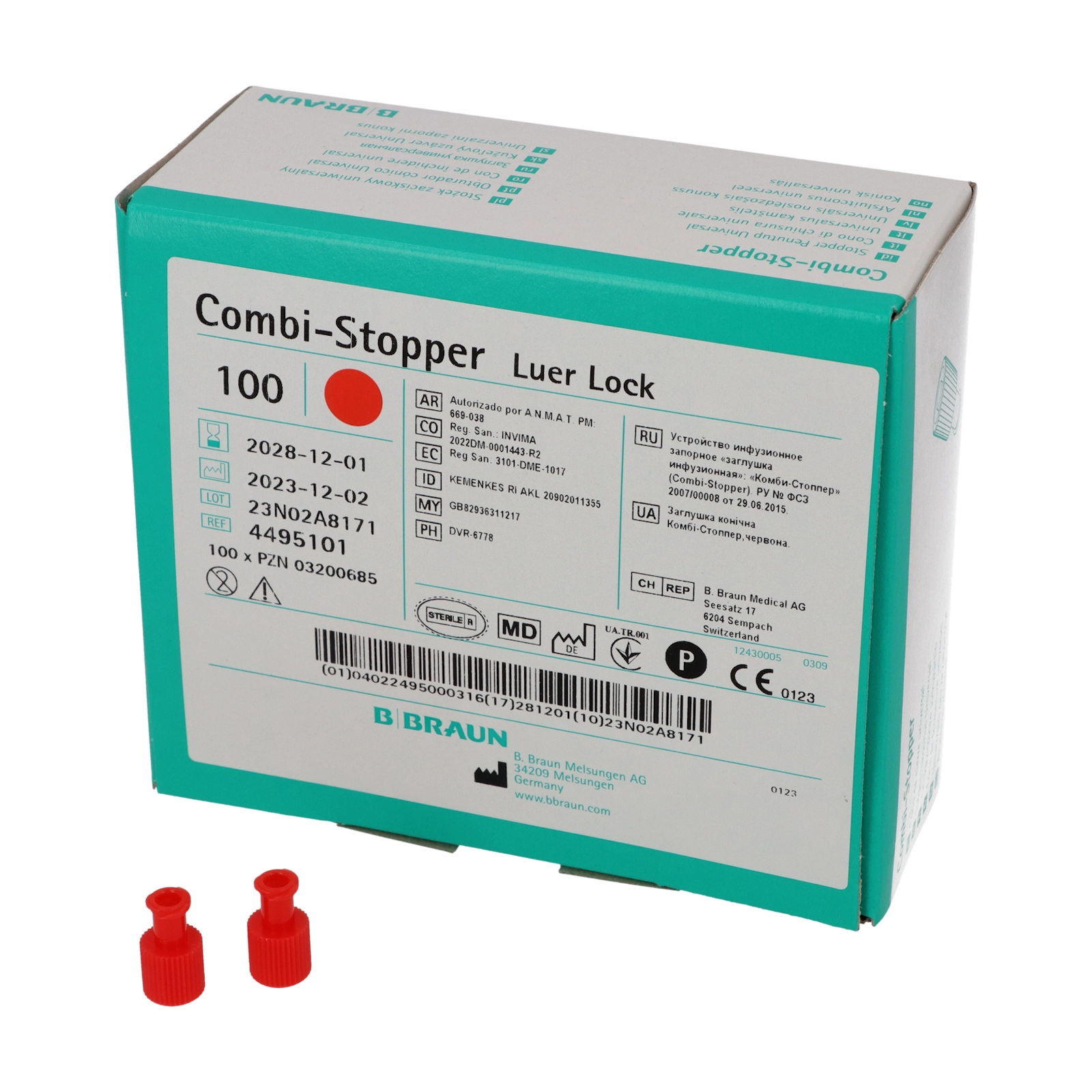 B. Braun Combi-Stopper Luer Lock punainen, 100 kpl pakkaus
