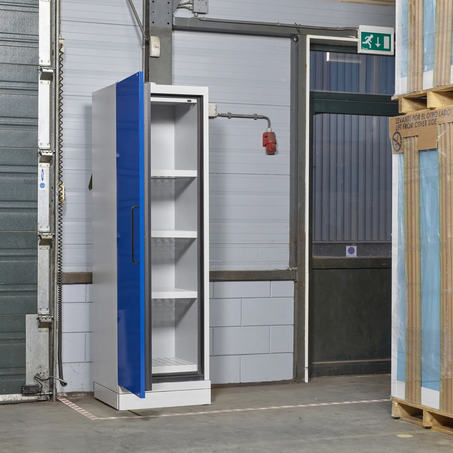 226-LT Paloturvakaappi litium akkujen lataukseen ja säilytykseen - Sininen yksittäinen ovi(*Oikea) - 4 hyllyä (100L) - Image 3