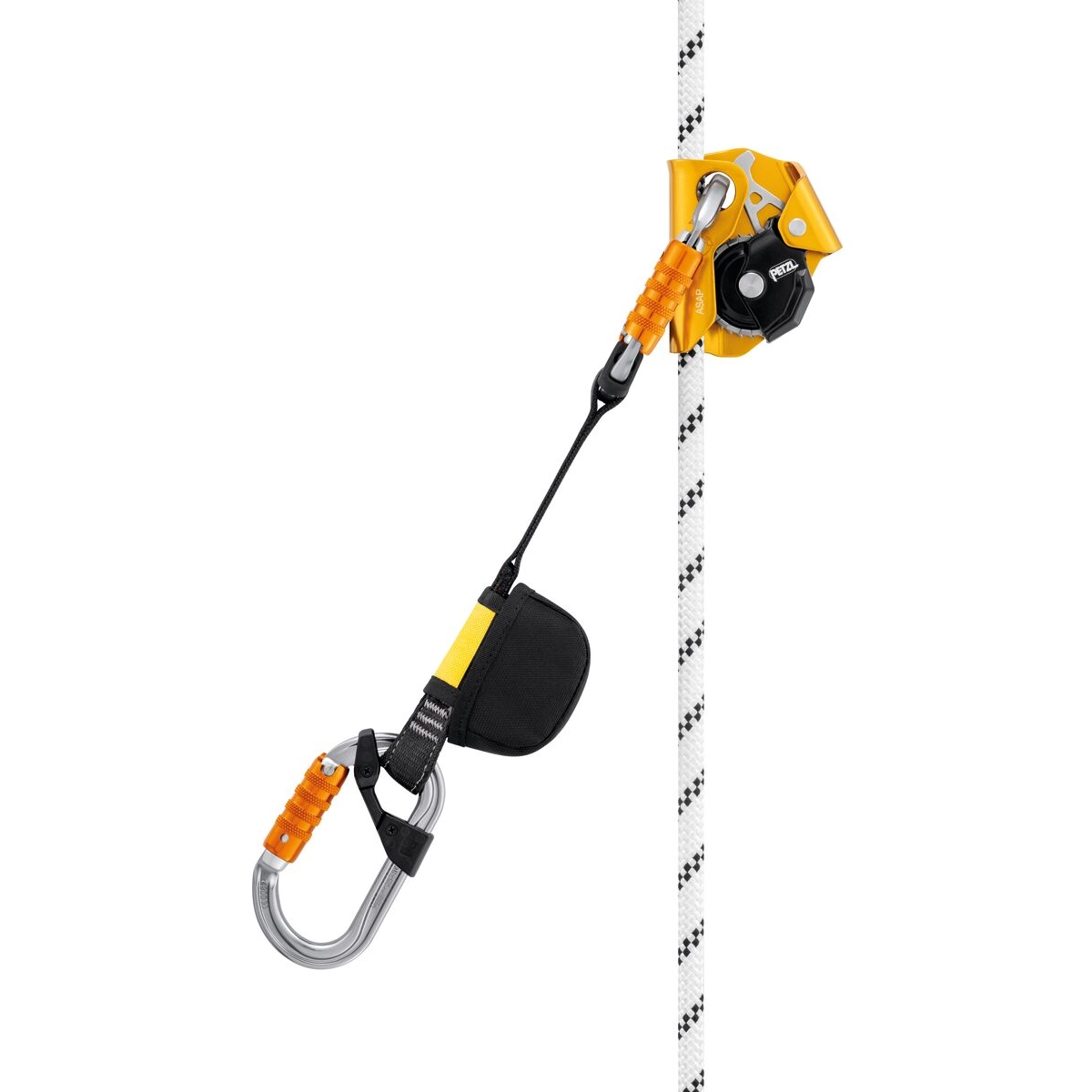 Petzl ASAP’SORBER nykäyksenvaimennin käytössä Petzl ASAP -köysitarraimen ja turvaköyden kanssa