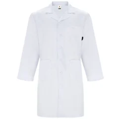 Valkoinen unisex lääkäri- ja laboratoriotakki edestä
