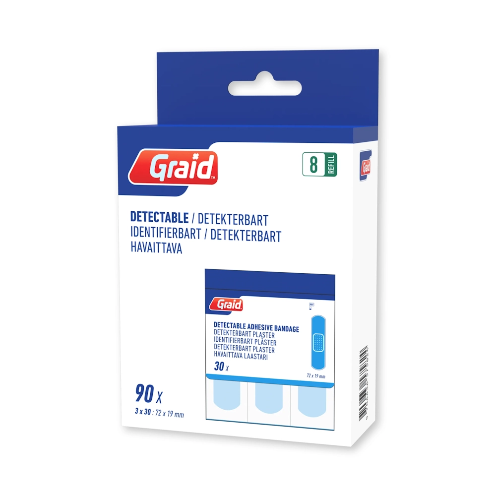 Graid sininen metallinpaljastimella havaittava muovilaastari 72 x 19 mm 90 kpl