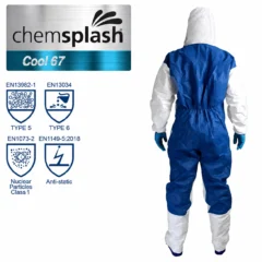 Chemsplash Cool 67 Type 5/6 suojahaalari hengittävällä sinisellä selkäpaneelilla