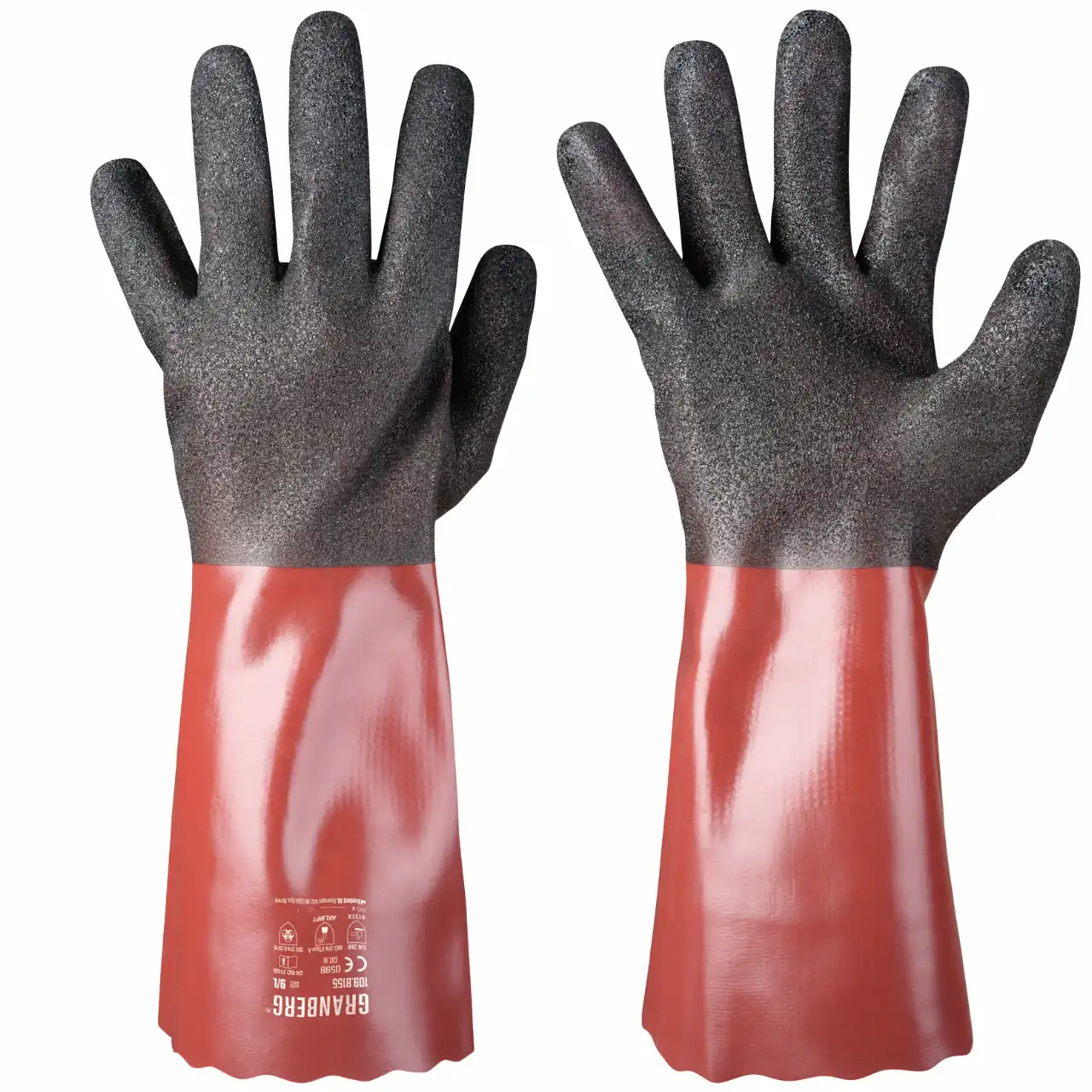 GRANBERG 8155 punamustat PVC-kemikaalikäsineet 35 cm Sandy-pitopinnalla