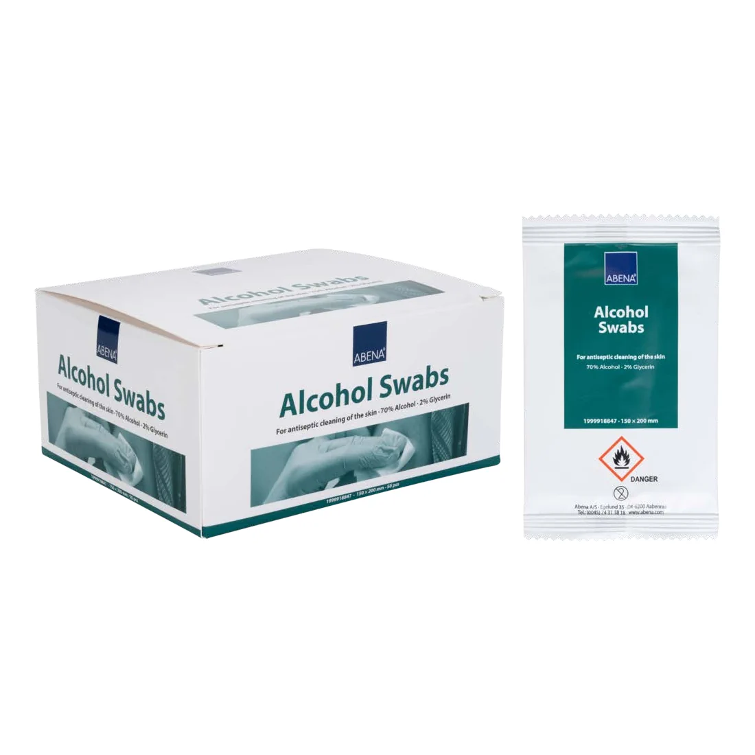 ABENA Alcohol Swabs 70 % desinfektiopyyhkeet 50 kpl, 20 × 15 cm, sisältää 2 % glyseriiniä, yksittäispakatut alkoholipyyhkeet