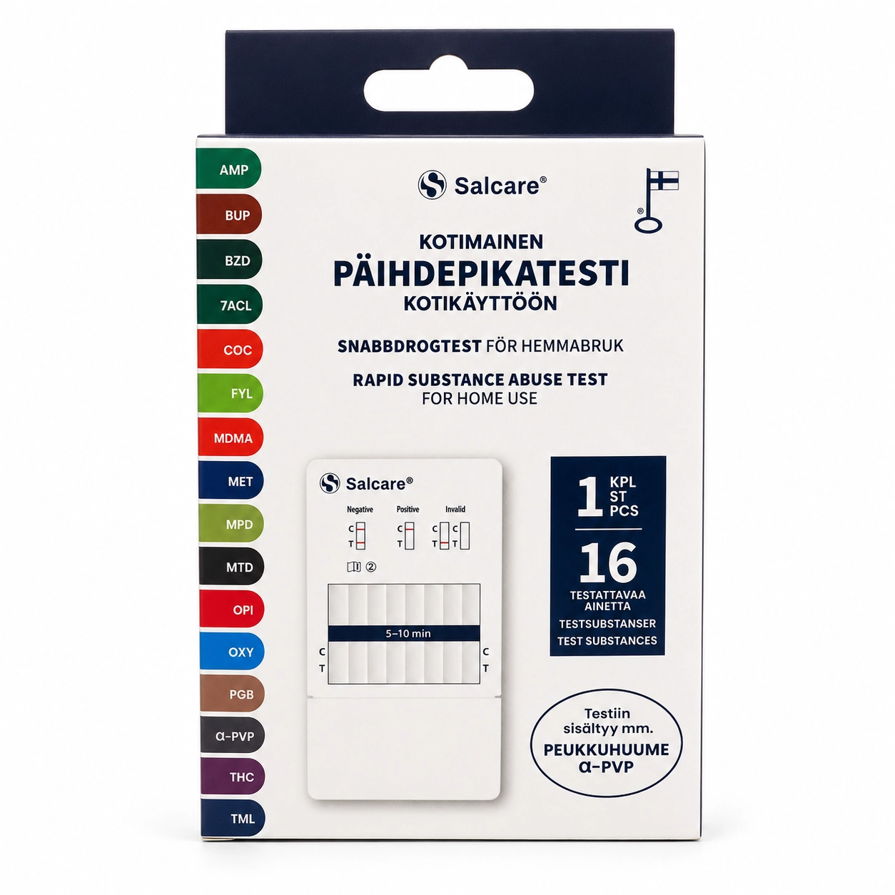 Päihdepikatesti 16 huumetta Salcare kotikäyttöön etupuoli