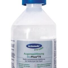 Silmienhuuhtelupullo 500 ml, fosfaattipuskuroitu 4,9 % silmien tai ihon kemiallisten vammojen hoitoon.