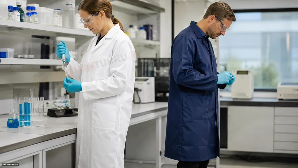 Laboratoriotakin valinta – valkoinen laboratoriotakki ja sininen ESD-laboratoriotakki laboratoriotyössä