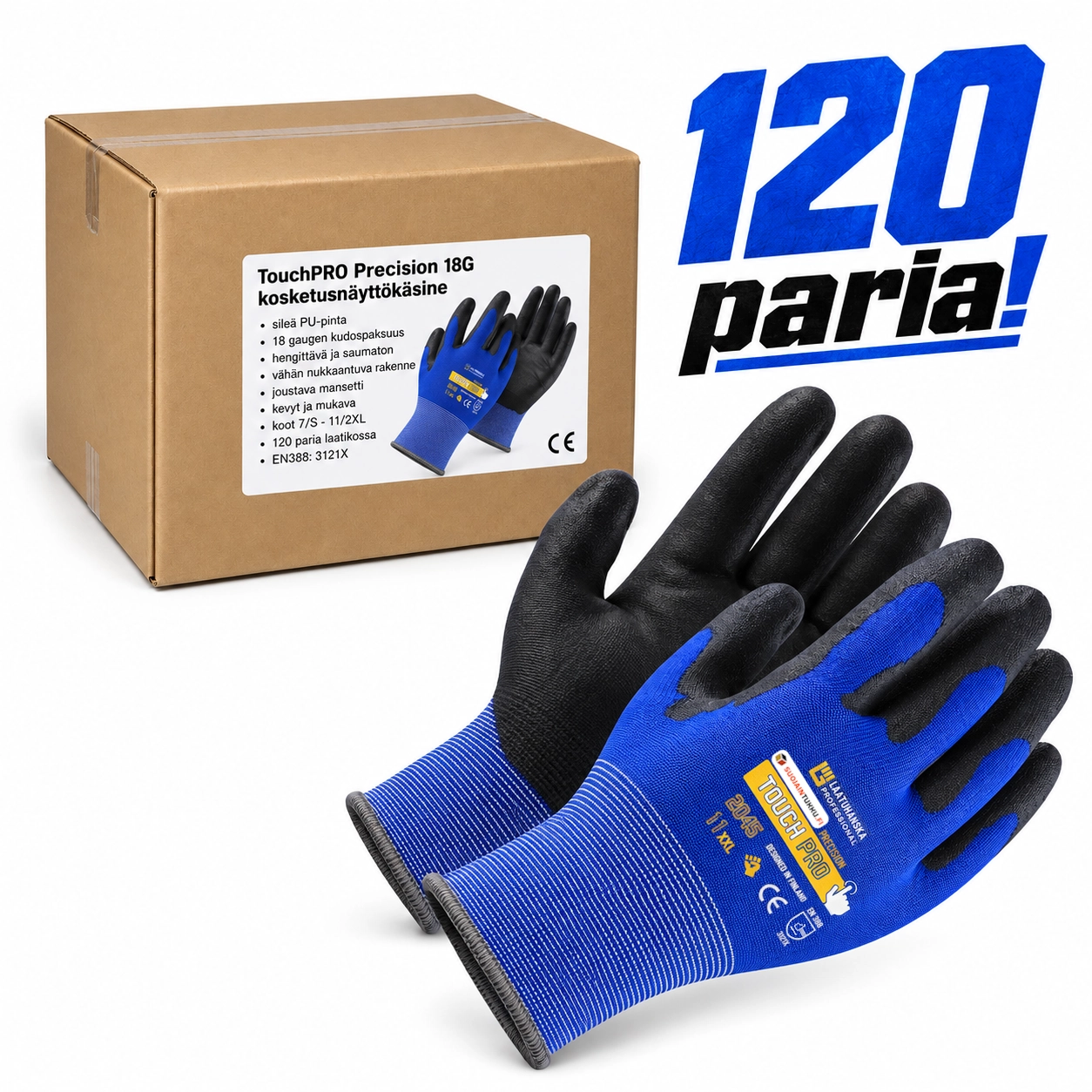 TouchPRO Precision 18G kosketusnäyttökäsine 120 paria – PU-pinnoitettu tarkkuuskäsine sininen/musta