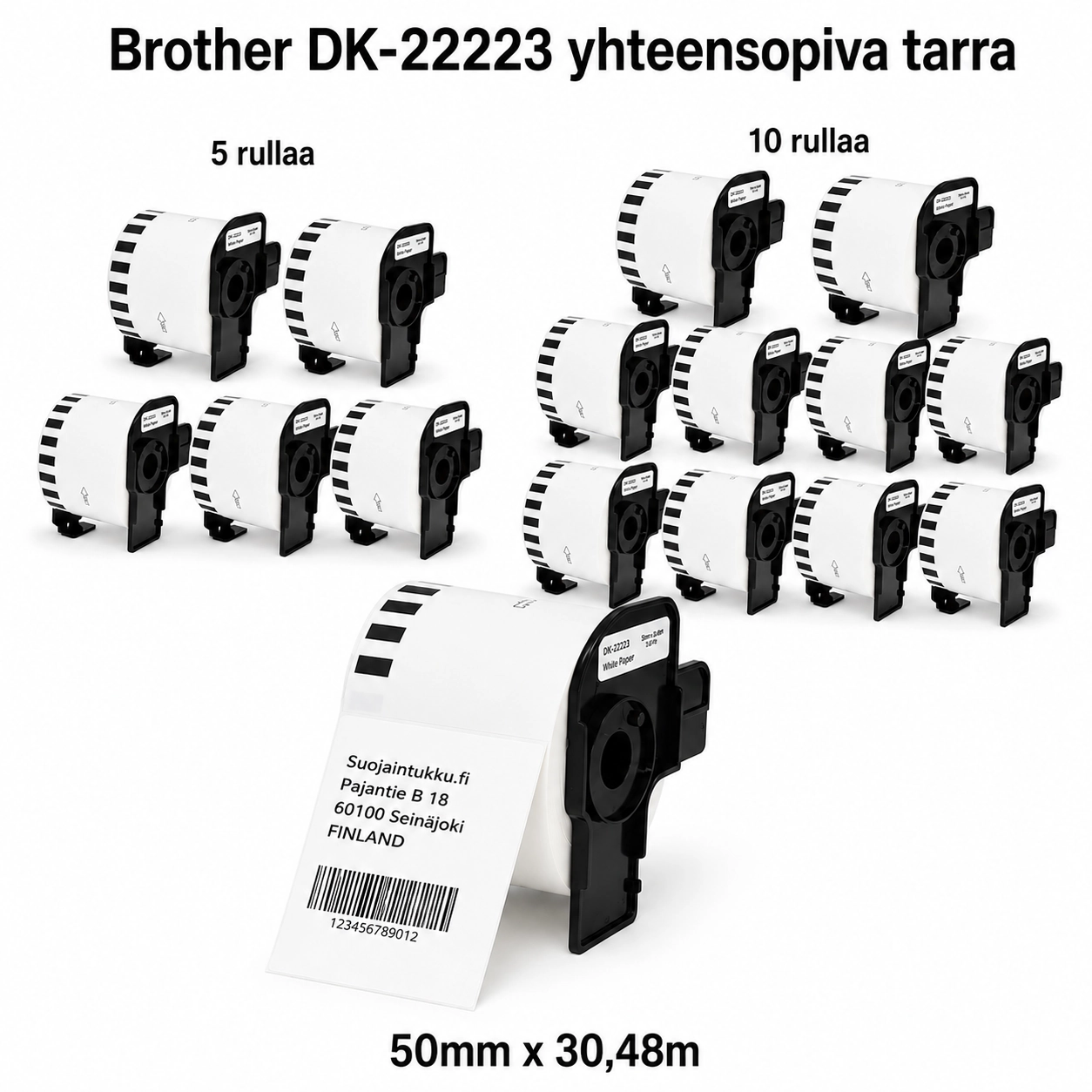 Brother DK-22223 yhteensopiva jatkuva tarra 50 mm × 30,48 m, 5 ja 10 rullan pakkaukset