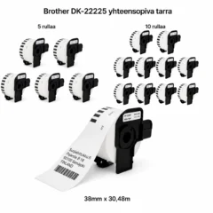 Brother DK-22225 yhteensopiva jatkuva tarra 38 mm × 30,48 m, 5 ja 10 rullan pakkaukset sekä yksittäinen tarrarulla osoitetarralla