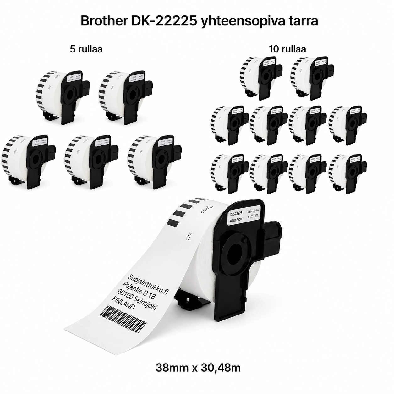 Brother DK-22225 yhteensopiva jatkuva tarra 38 mm × 30,48 m, 5 ja 10 rullan pakkaukset sekä yksittäinen tarrarulla osoitetarralla
