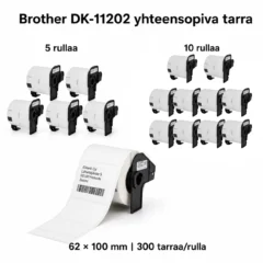 Brother DK-11202 yhteensopiva tarra 62 × 100 mm, 300 tarraa/rulla, 5 ja 10 rullan pakkaukset