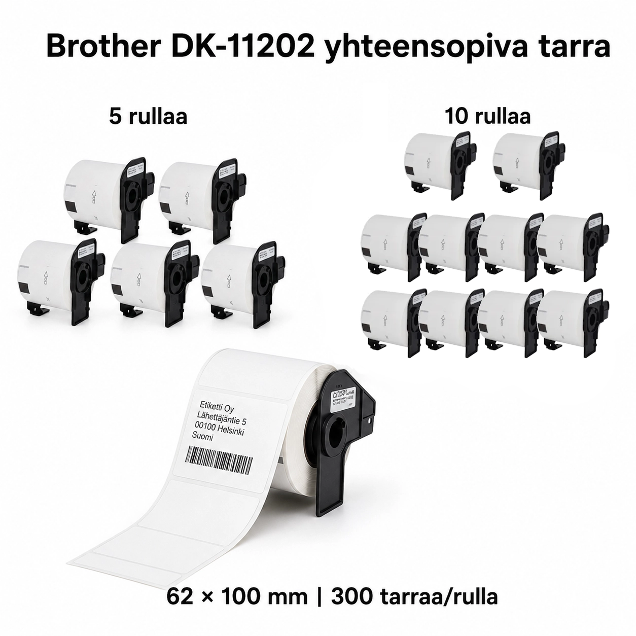 Brother DK-11202 yhteensopiva tarra 62 × 100 mm, 300 tarraa/rulla, 5 ja 10 rullan pakkaukset