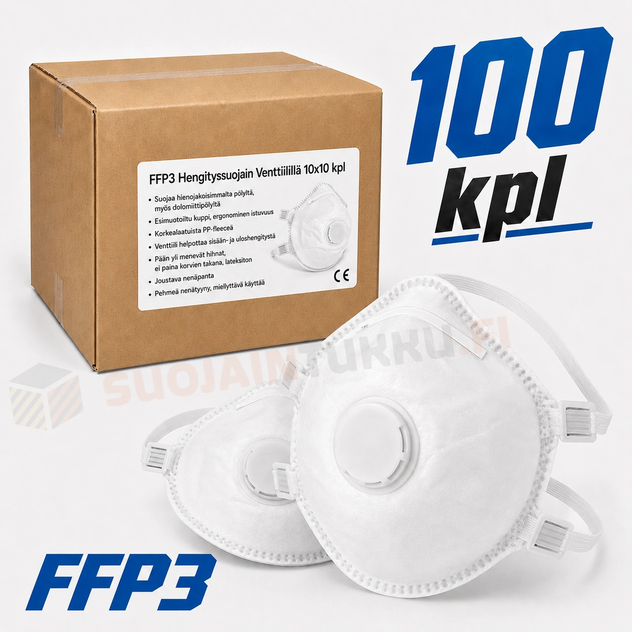 Hengityssuojain FFP3 venttiilillä 100 kpl tukkupakkaus