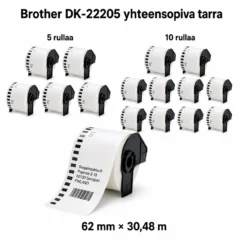 Brother DK-22205 yhteensopiva jatkuva tarra 62 mm × 30,48 m, 5 ja 10 rullan pakkaukset