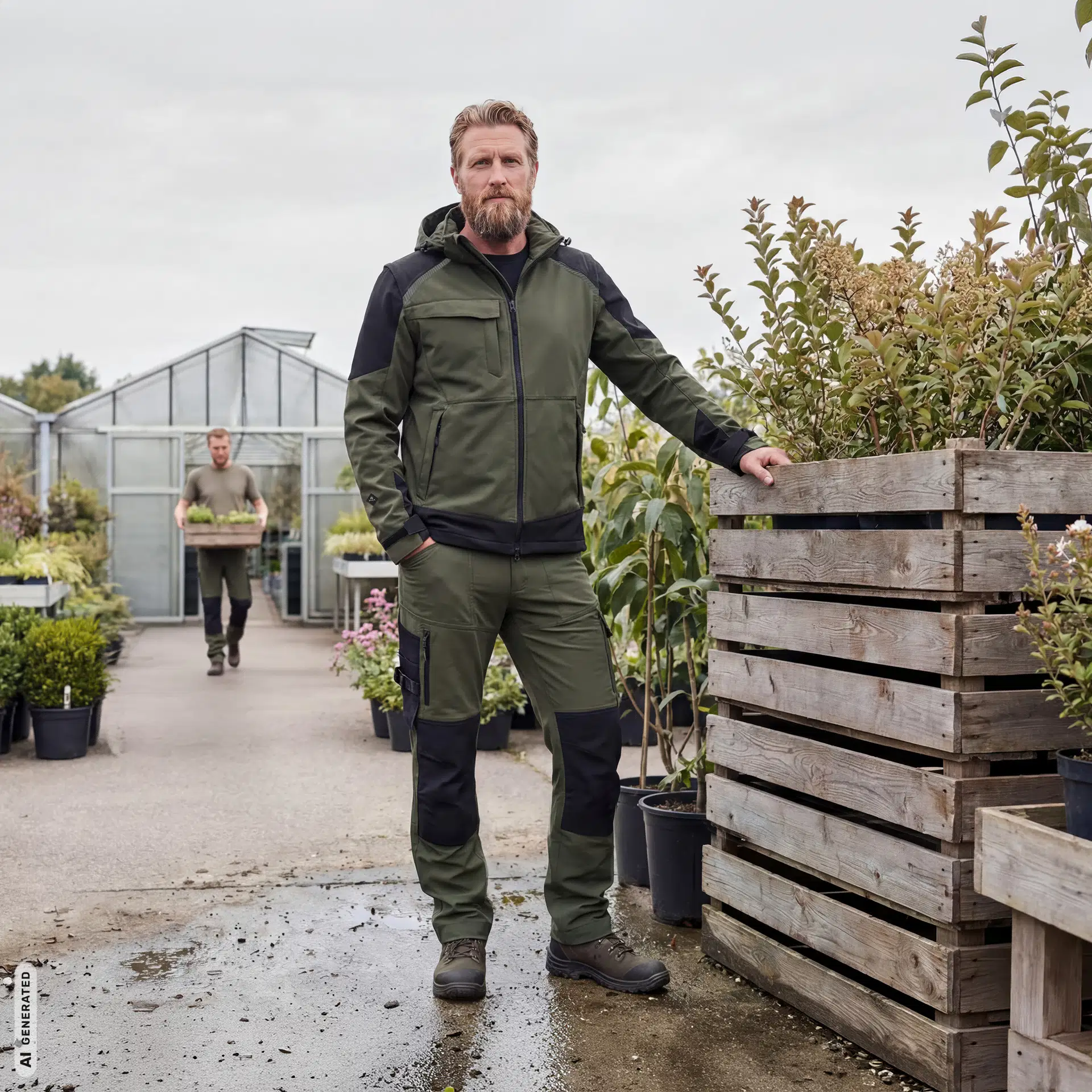 Oliivinvihreä musta ELKA Working Xtreme softshell-työtakki puutarhatyössä