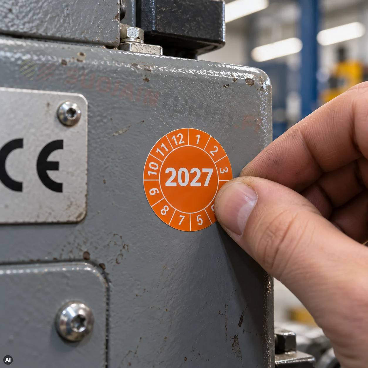 Vuositarkastustarra 2027 oranssi – pyöreän tarkastustarran kiinnitys teollisuuskoneeseen, koneiden määräaikaistarkastusten ja huoltomerkintöjen tunnistamiseen.