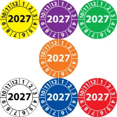 Kestävä vinyylinen tarkastustarra 2027 eri väreissä