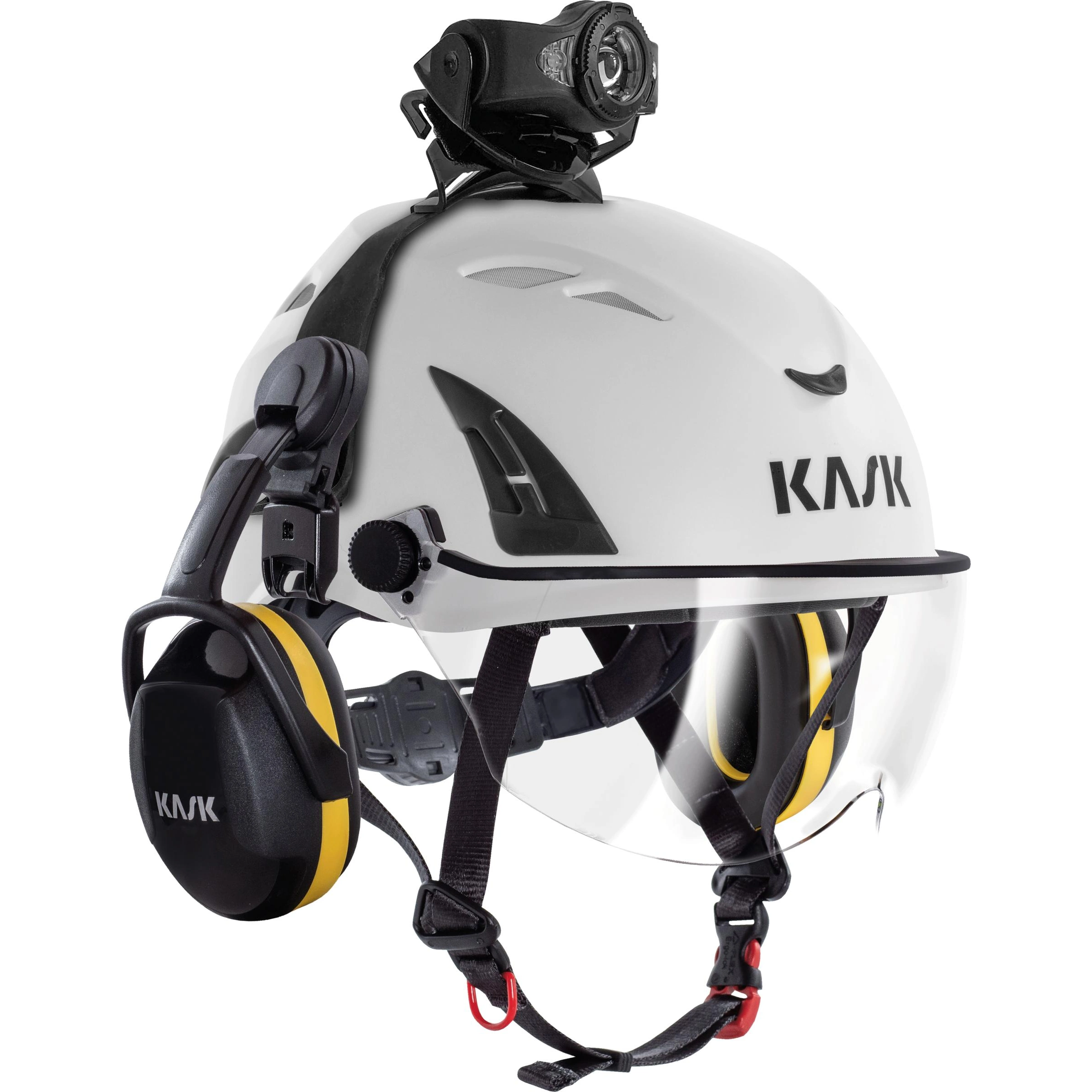KASK KL-2 otsavalaisin rakennustyömaalle plasma kypärässä jossa on visiiri ja kuulonsuojaimet