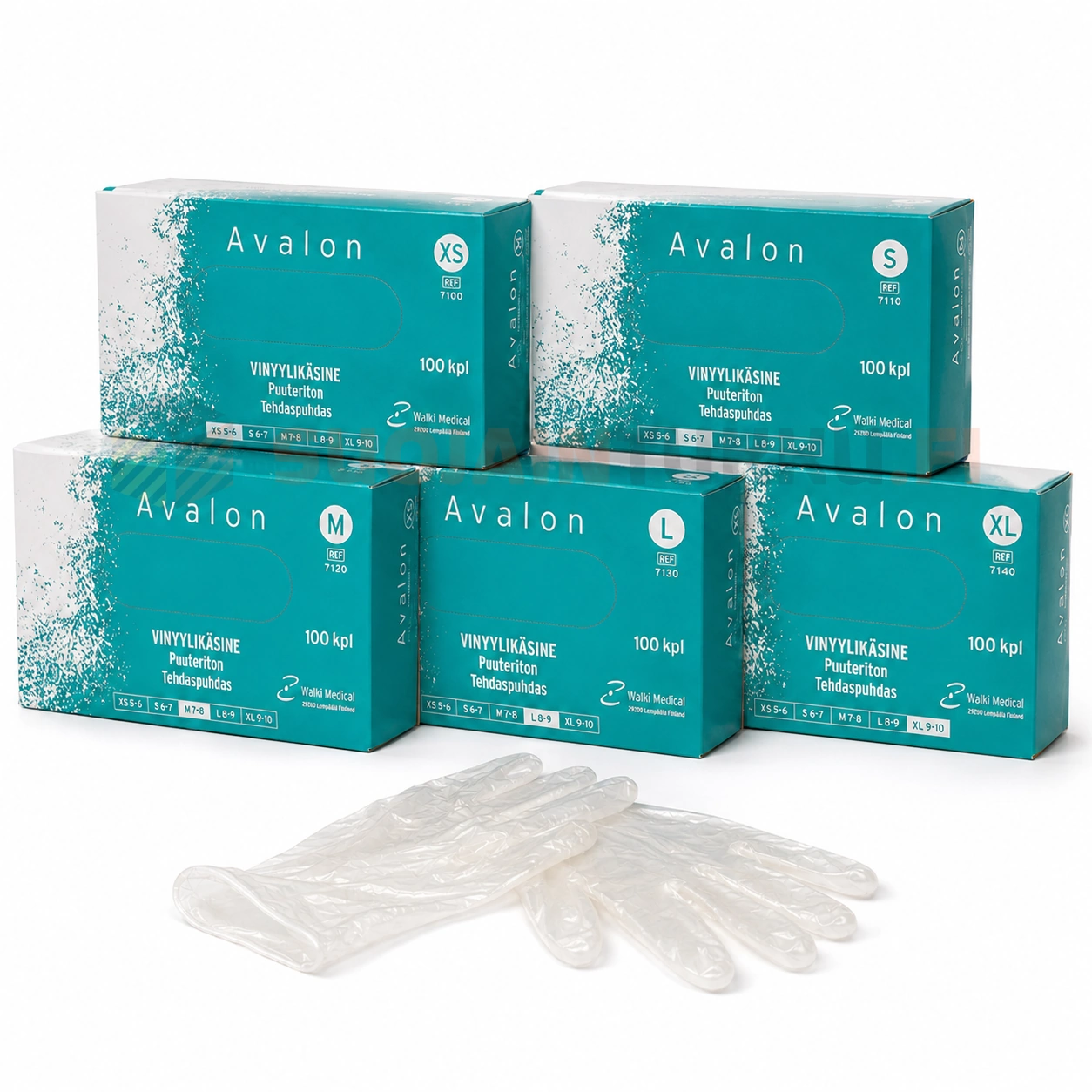 Avalon Vinyylikäsine 100 kpl rasiat koossa XS–XL ja läpinäkyvät vinyylikäsineet valkoisella taustalla