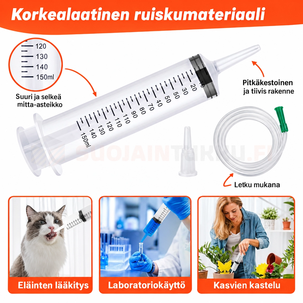 300 ml ruisku letkulla – mitta-asteikko, kumimäntä ja uudelleenkäytettävä rakenne