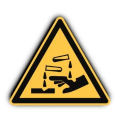 Syövyttävää ainetta -tarra DIN EN ISO 7010 saatavilla eri kokoina