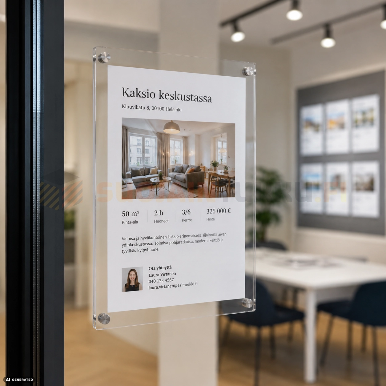 A4 akryylinen infokehys kiinteistönvälitysliikkeessä asuntoilmoituksen esillepanoon