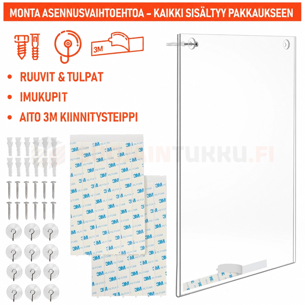 A4 akryylisen infokehyksen asennustarvikkeet, ruuvit, tulpat, imukupit ja 3M-teippi