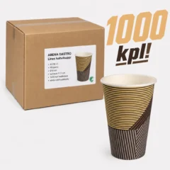 ABENA GASTRO Lines kahvikuppi 33/36 cl 1000 kpl tukkupakkaus, ruskea PE-pinnoitettu paperikuppi ja kuljetuslaatikko valkoisella taustalla