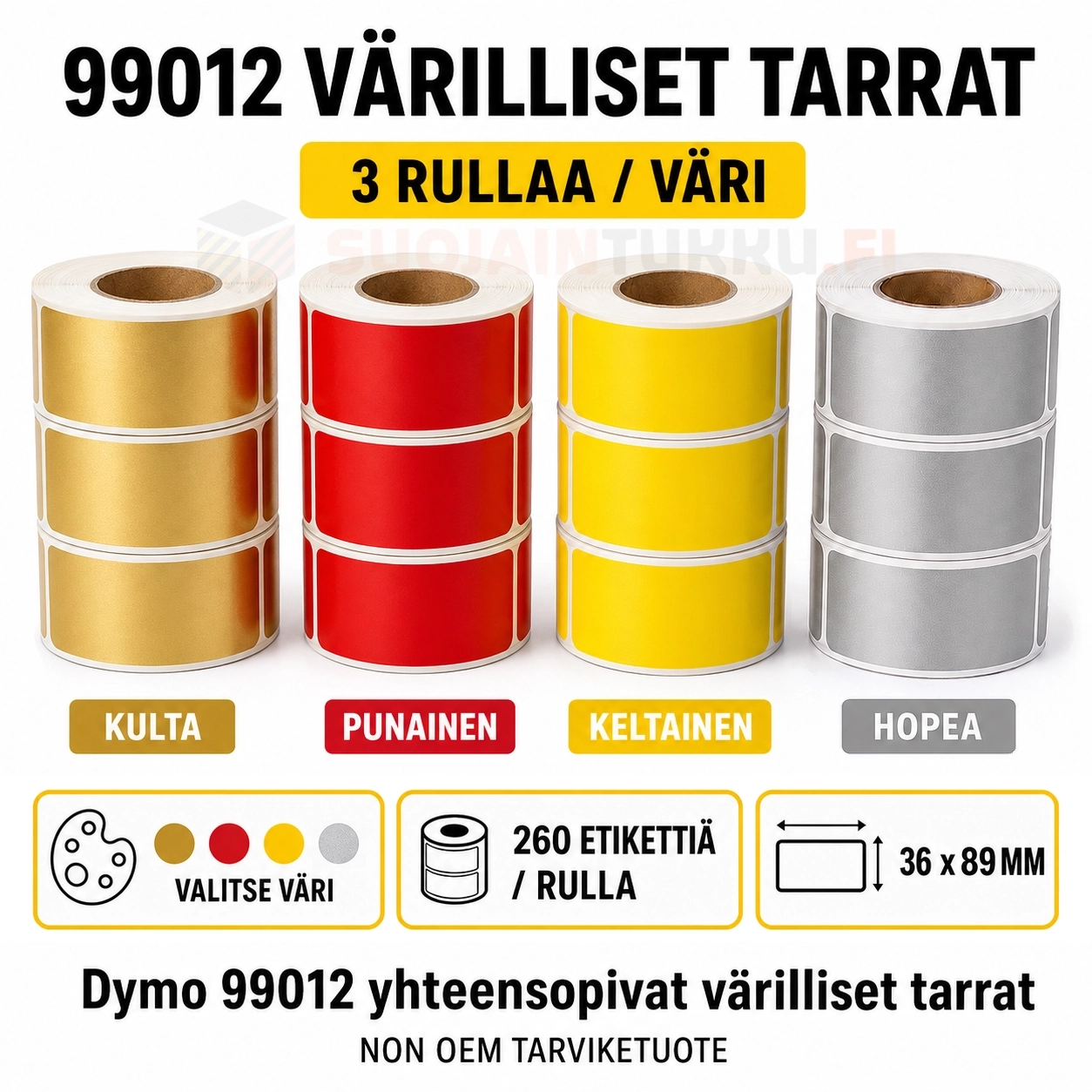 Dymo 99012 yhteensopivat värilliset tarrat 36 × 89 mm, kulta, punainen, keltainen ja hopea, 3 rullaa/väri
