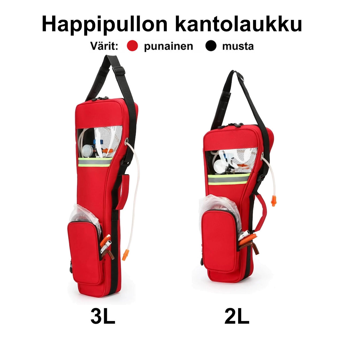 Happipullon kantolaukku 2 L ja 3 L koossa, punainen tai musta