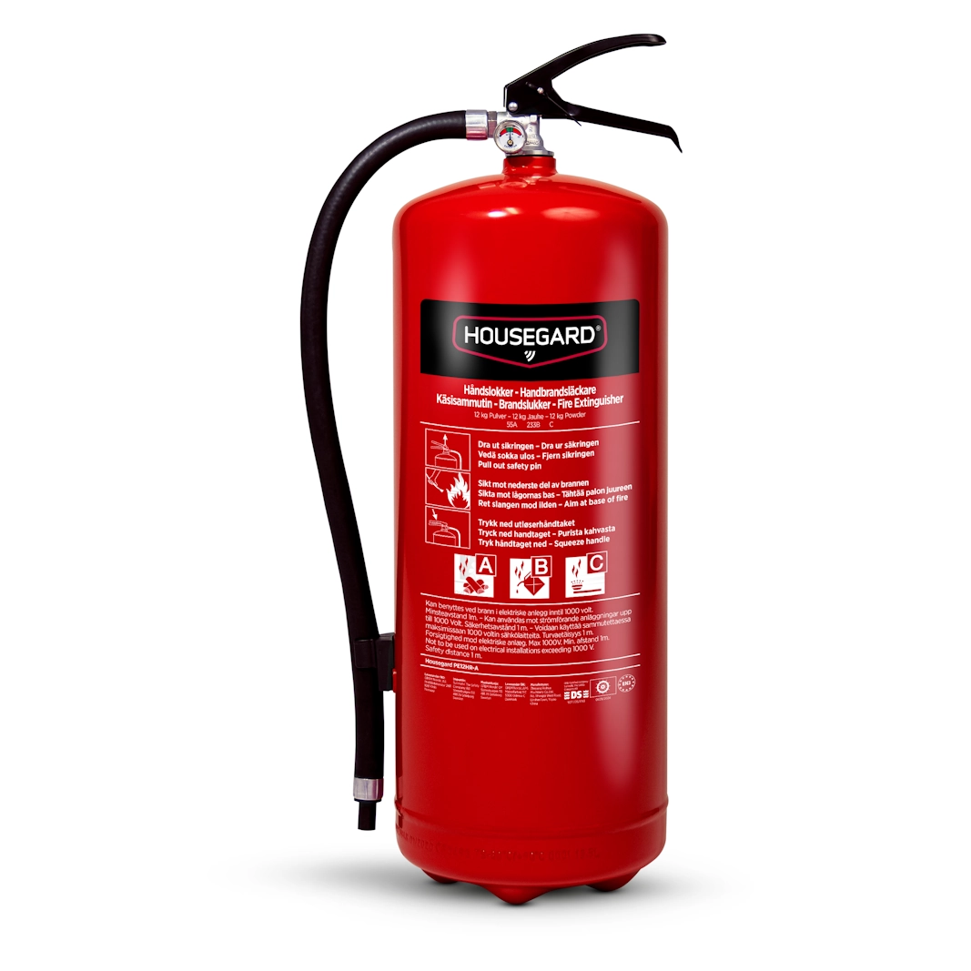Housegard PE12HR-A 12 kg ABC-jauhesammutin valkoisella taustalla