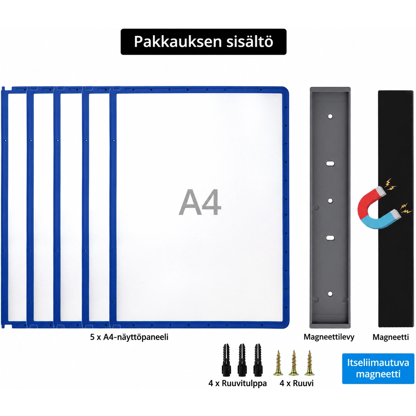 Magneettisen A4-seinätelineen pakkauksen sisältö ja kiinnitystarvikkeet