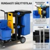 Siivousvaunun kolme säilytystasoa puhdistusaineille