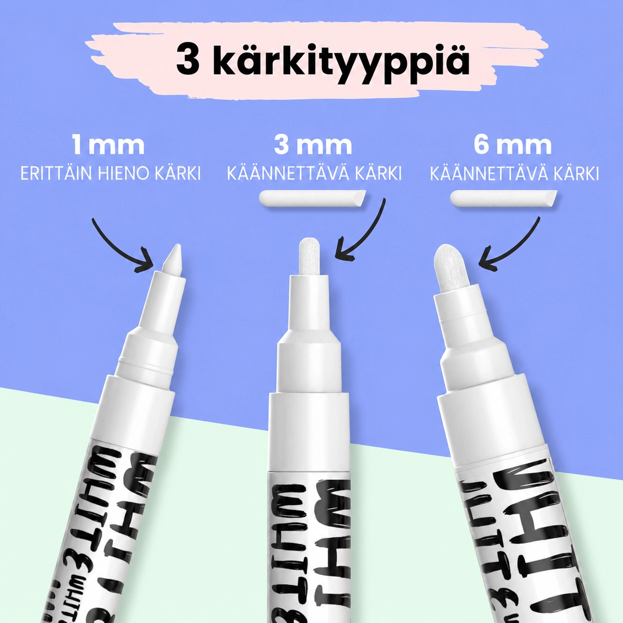 Valkoiset liitutussit 1, 3 ja 6 mm kärjillä
