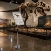 Hopeanvärinen A4-infoteline museossa Tyrannosaurus rex -näyttelyn opasteena.