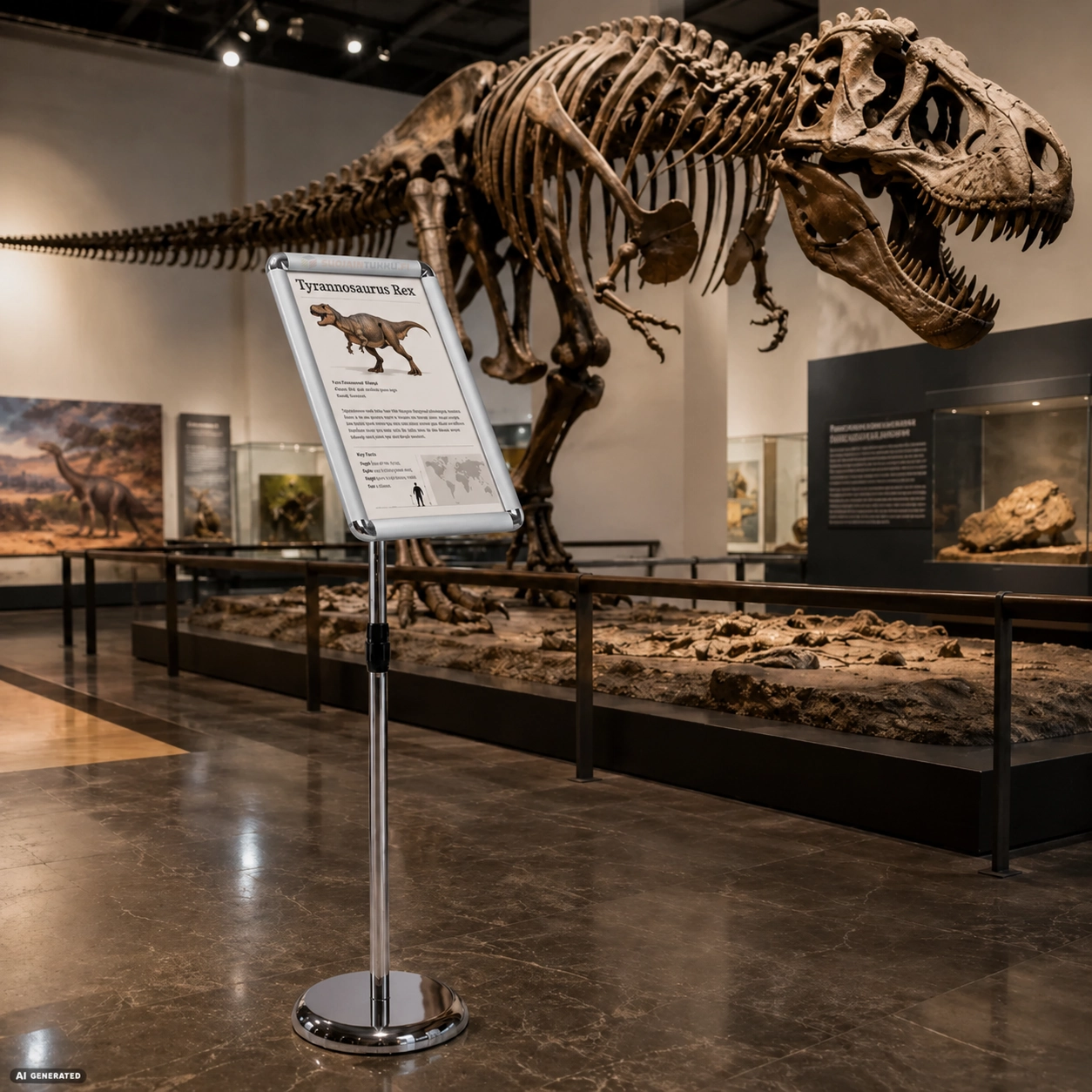 Hopeanvärinen A4-infoteline museossa Tyrannosaurus rex -näyttelyn opasteena.
