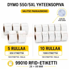 Dymo 99010 RFID-etiketit 28 × 89 mm, valittavana 5 tai 10 rullaa LabelWriter 550- ja 5XL-tulostimiin