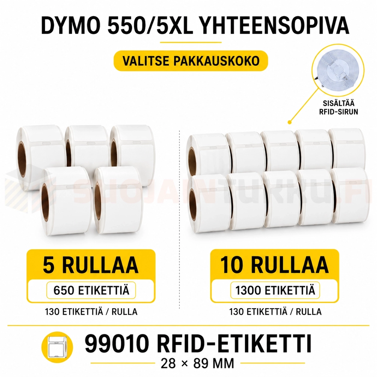 Dymo 99010 RFID-etiketit 28 × 89 mm, valittavana 5 tai 10 rullaa LabelWriter 550- ja 5XL-tulostimiin