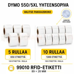 Dymo 99010 RFID-etiketit 89 × 28 mm, valittavana 5 tai 10 rullaa LabelWriter 550- ja 5XL-tulostimiin