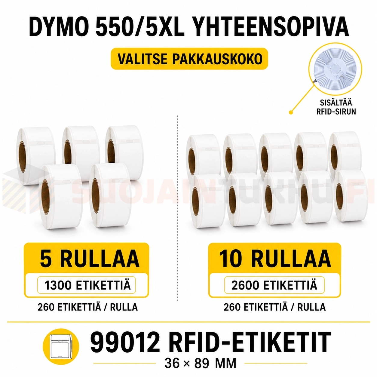 Dymo 99012 RFID-etiketit 36 × 89 mm, valittavana 5 tai 10 rullaa LabelWriter 550- ja 5XL-tulostimiin